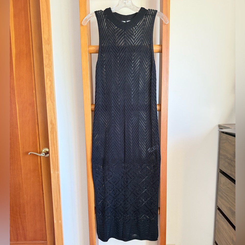 Joie Sleeveless Sheer Stretch Crochet Maxi Dress Cover-Up Side Slits Black XS